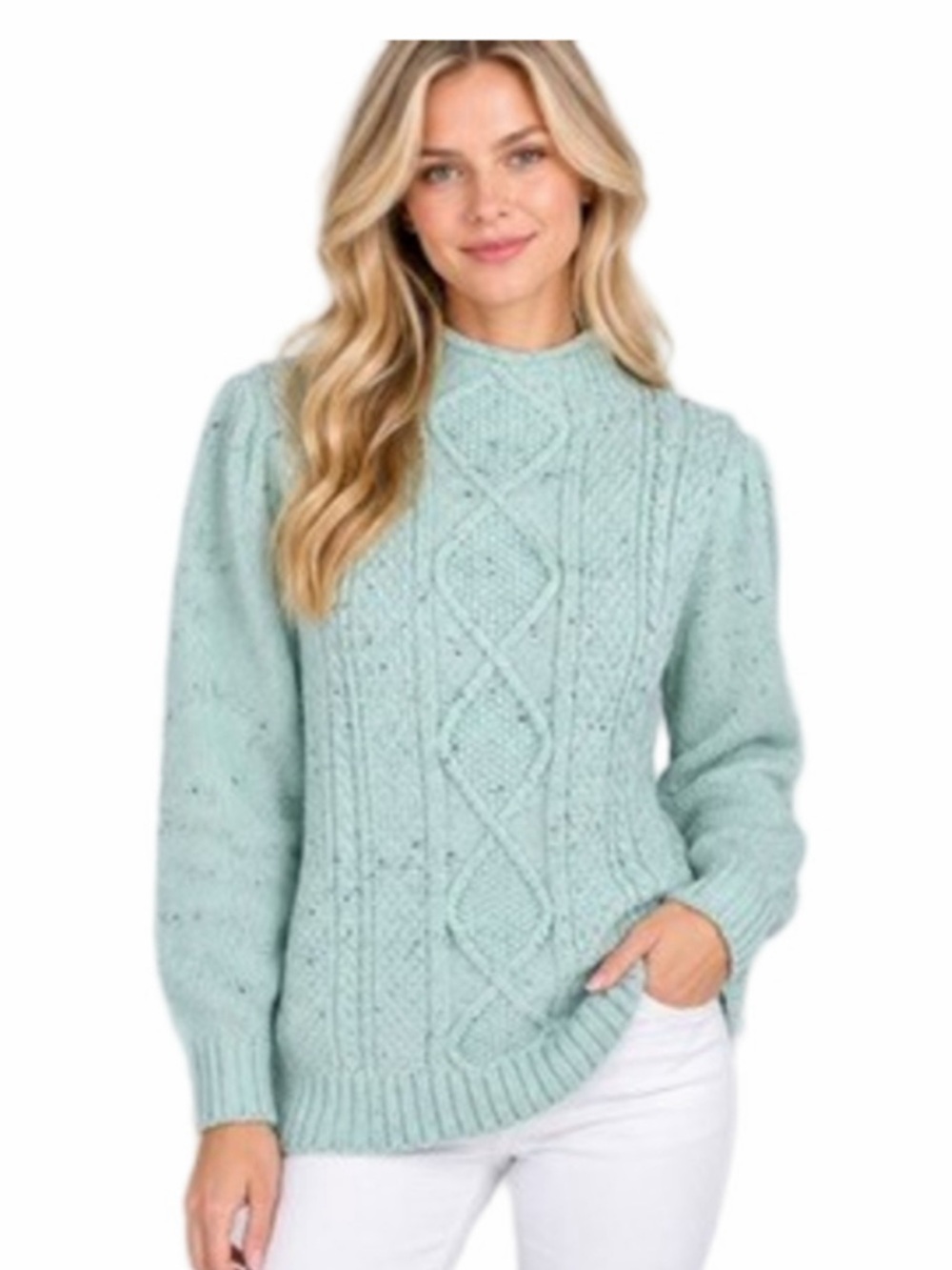 Talbots Mint Green Tweed Cableknit
Mock Neck Pullover Sweater 1X petite